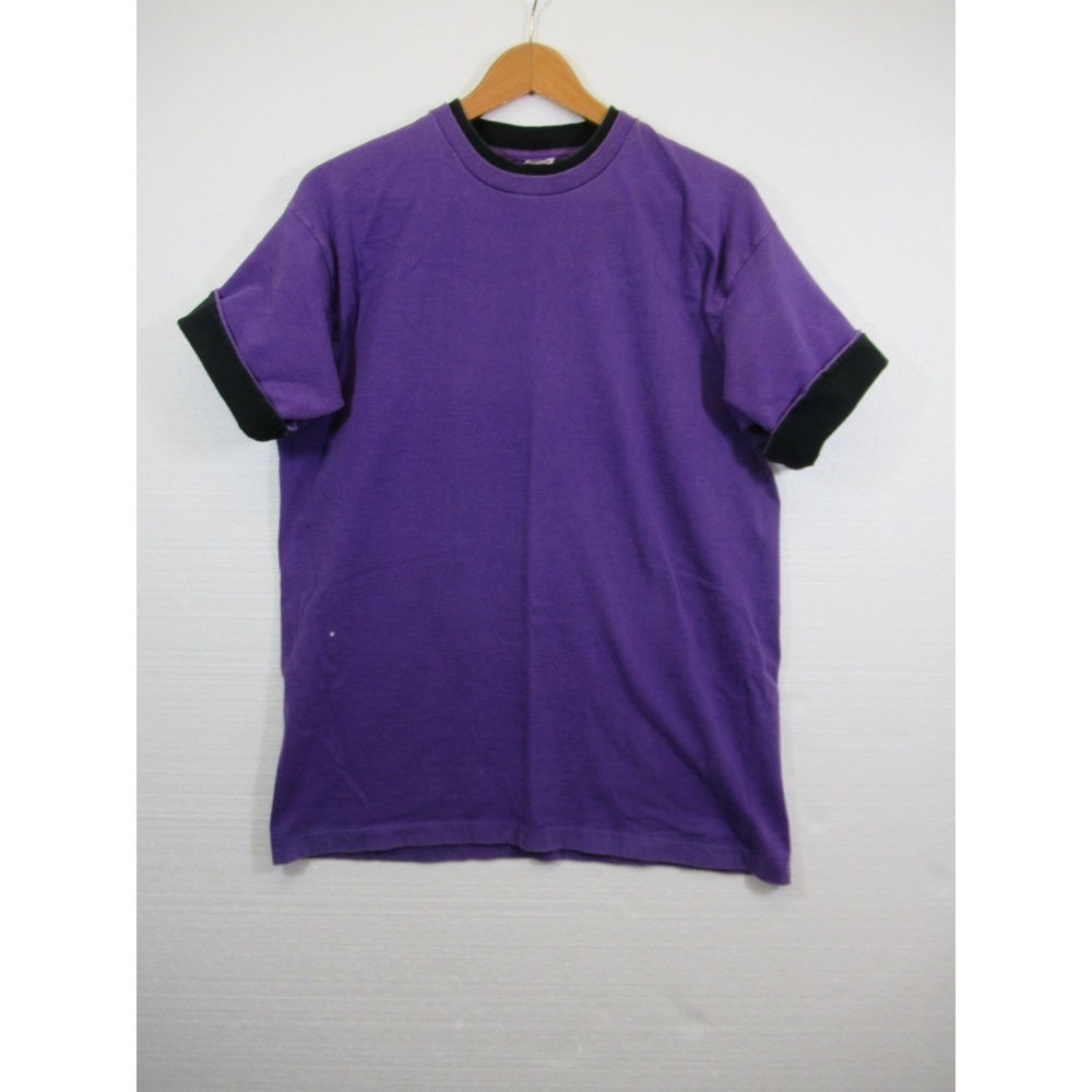 Vtg 90s Fruit of the Loom Cuffed T-shirt Men Large Purple Single Stitch Ringer